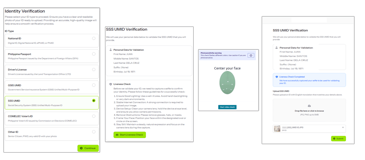 An identity verification process showing steps to select an SSS UMID ID type, complete a liveness check, and upload an ID.